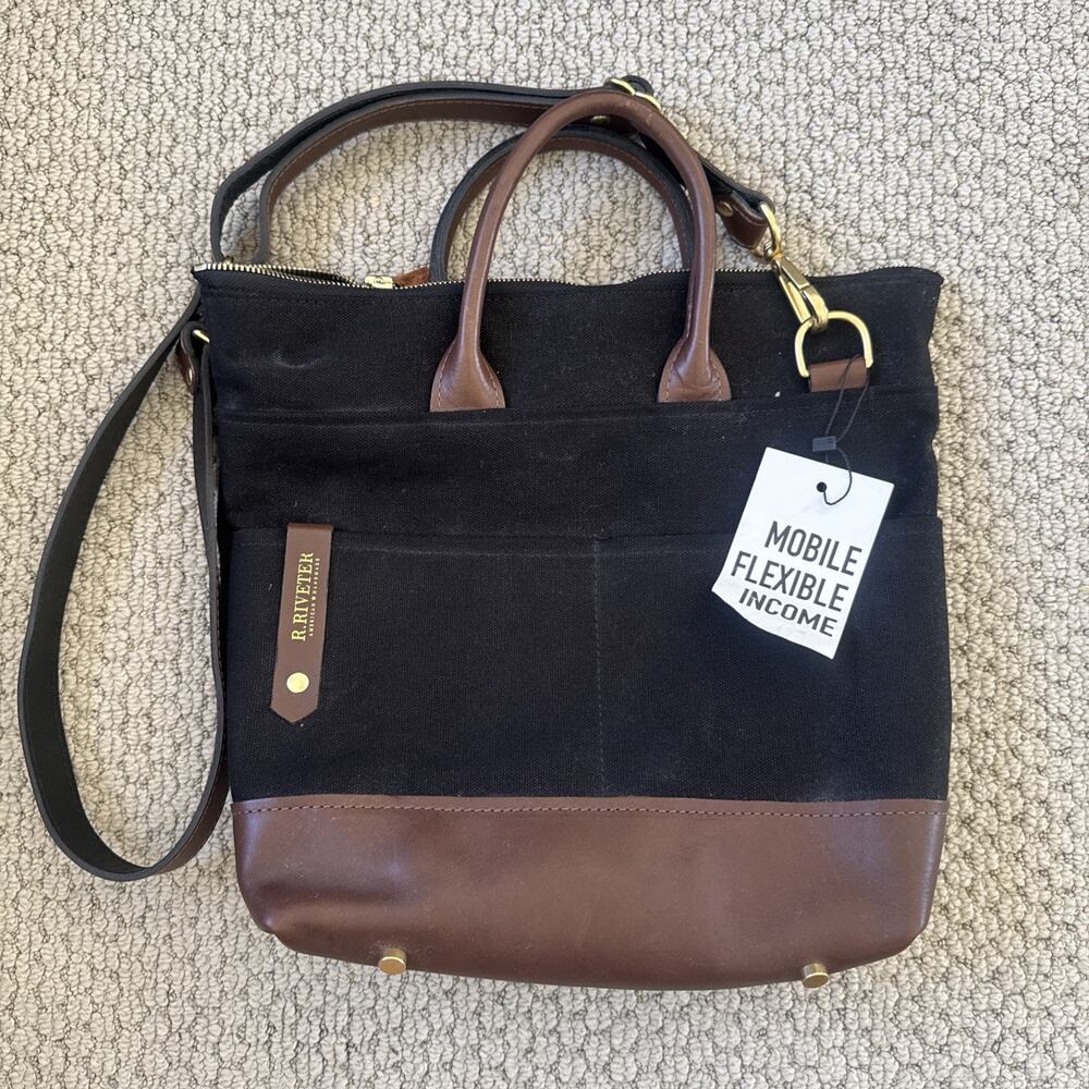 R. Riveter Otto Signature Black Canvas Brown Leather Iconic Bag Crossbody NWT - Picture 5 of 13